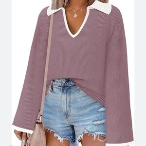 NWT ZESICA Women's V-Neck Long Sleeve Oversized Casual Collared Knit Pullover